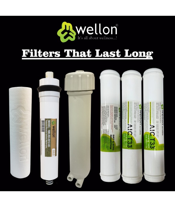 Wellon Replaceable Filter Kit (Inline Sediment, Inline Pre-Carbon, Inline Post Carbon, PP Sediment Filter, RO Membrane 80 GPD, Membrane Housing) Suitable for All Types of Water purifiers